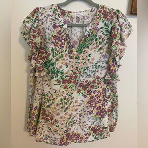 Maurices White and Green Floral Ruffled Blouse